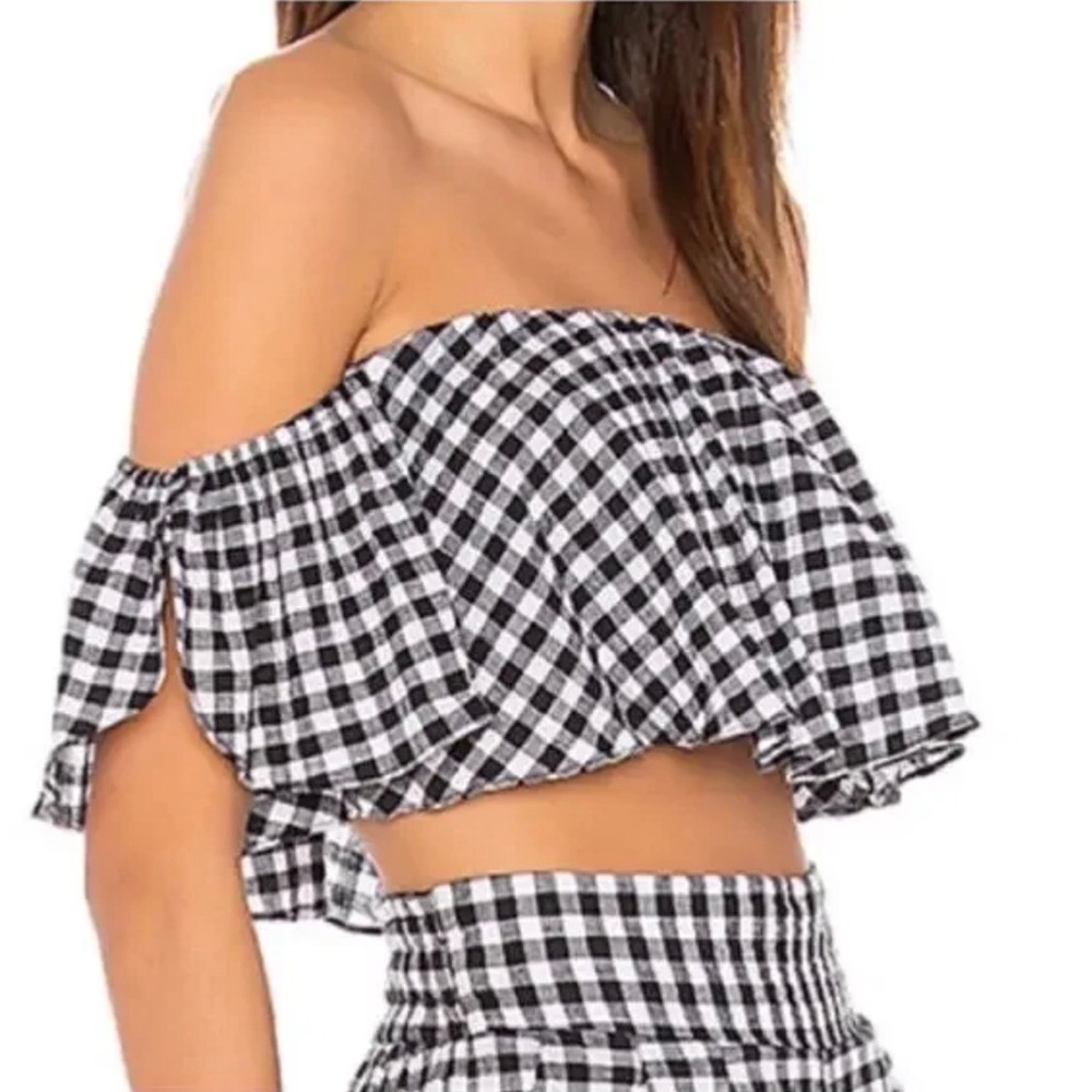 Misa Los Angeles Cotton Lunna Gingham Flutter Off Shoulder Crop Top.